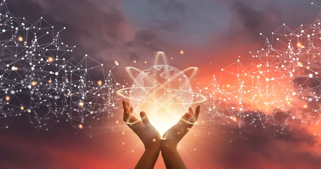 maos em prece segurando conexoes de rede global e inovacao tecnologica
