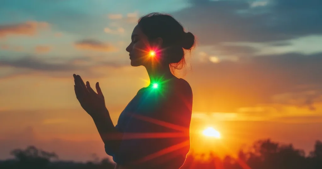 uma mulher num por sol com luz no rosto