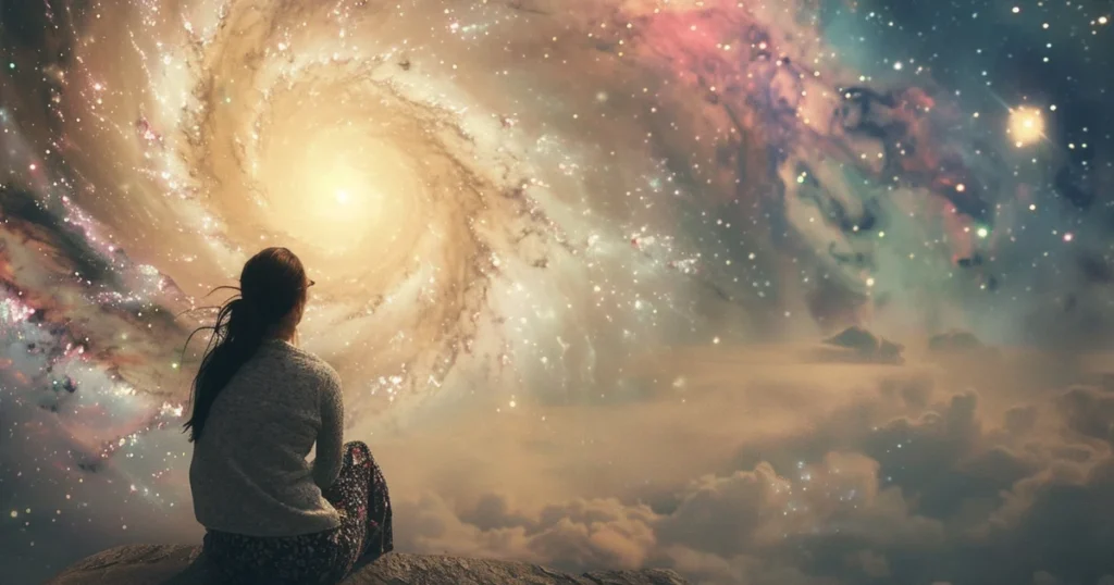 mulher sentada em uma pedra com o universo ao fundo