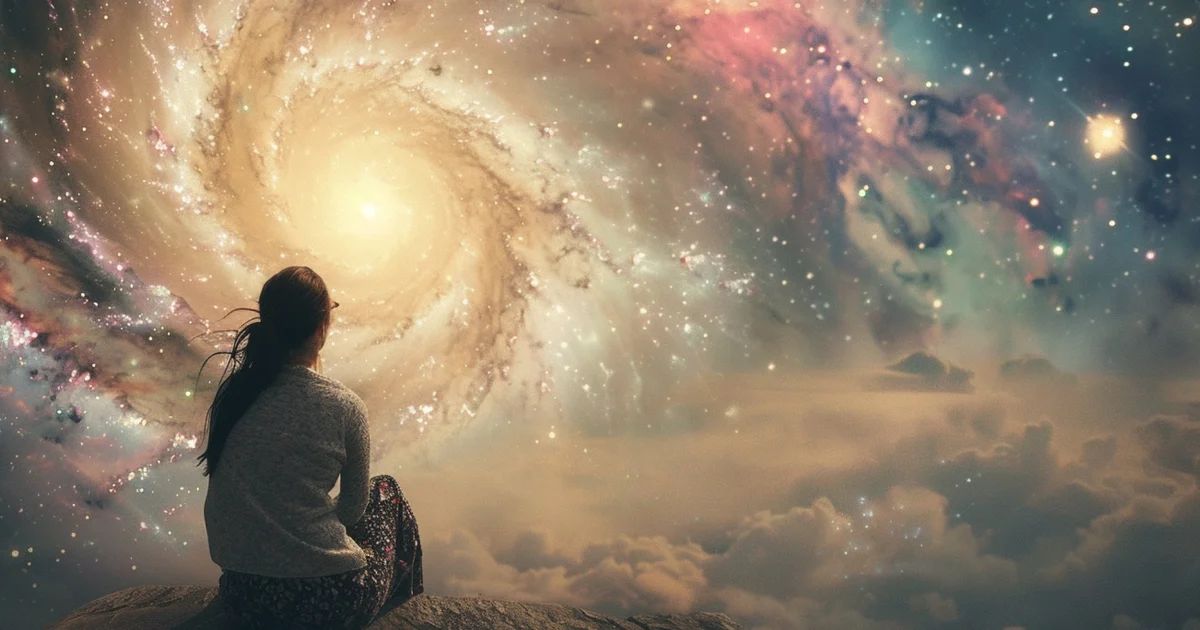 mulher sentada em uma pedra com o universo ao fundo
