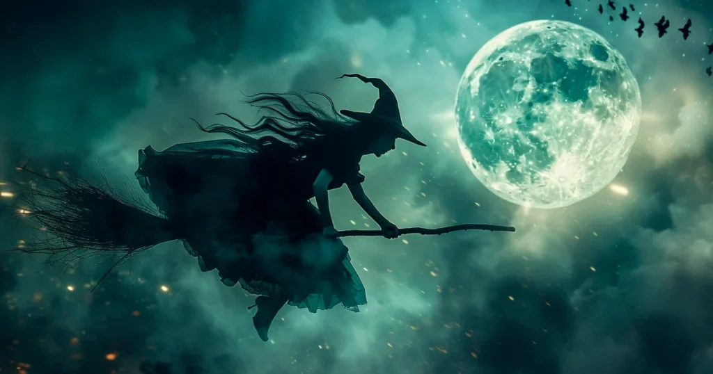 feiticeira voando em uma vassoura com lua cheia em fundo em silhueta contra o ceu noturno