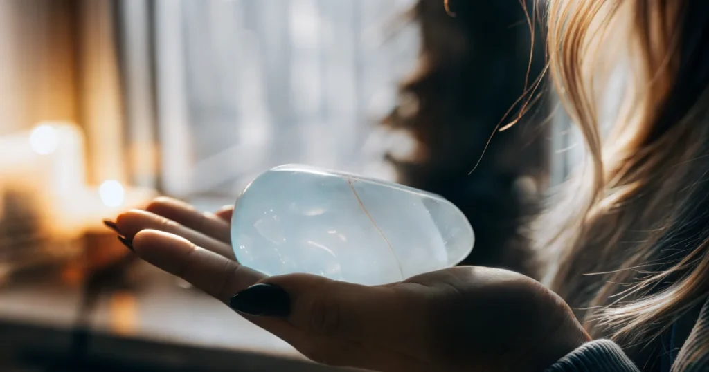 mulher segurando um cristal transparente em casa