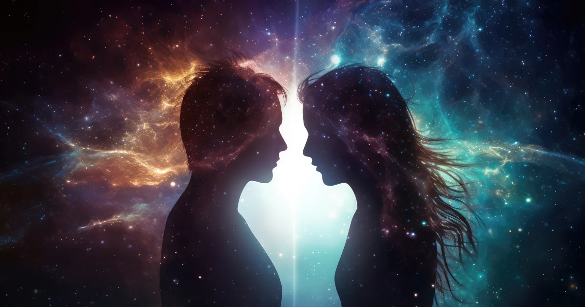 silhuetas de homem e e mulher em fundo cosmico abstrato