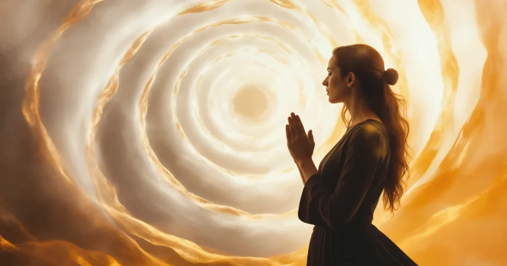 mulher orando em uma espiral de luz