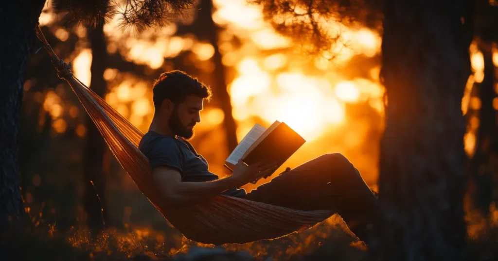 homem lendo um livro enquanto está deitado em uma rede