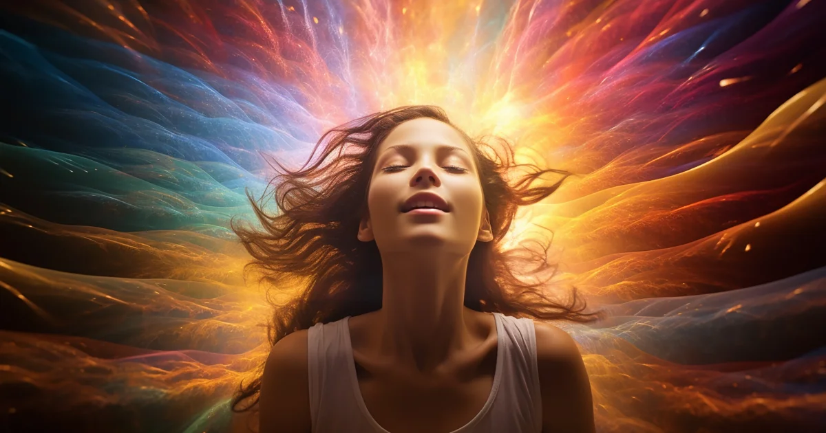 uma menina envolta em uma aura radiante e multicolorida