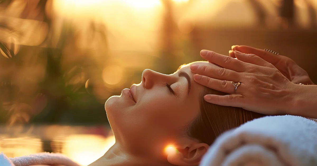 mulher deitada recebendo massagem na cabeça