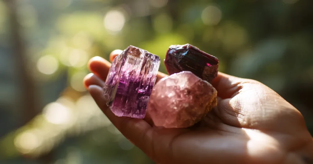 Pedras de energia turmalina negra, quartzo rosa e ametista.